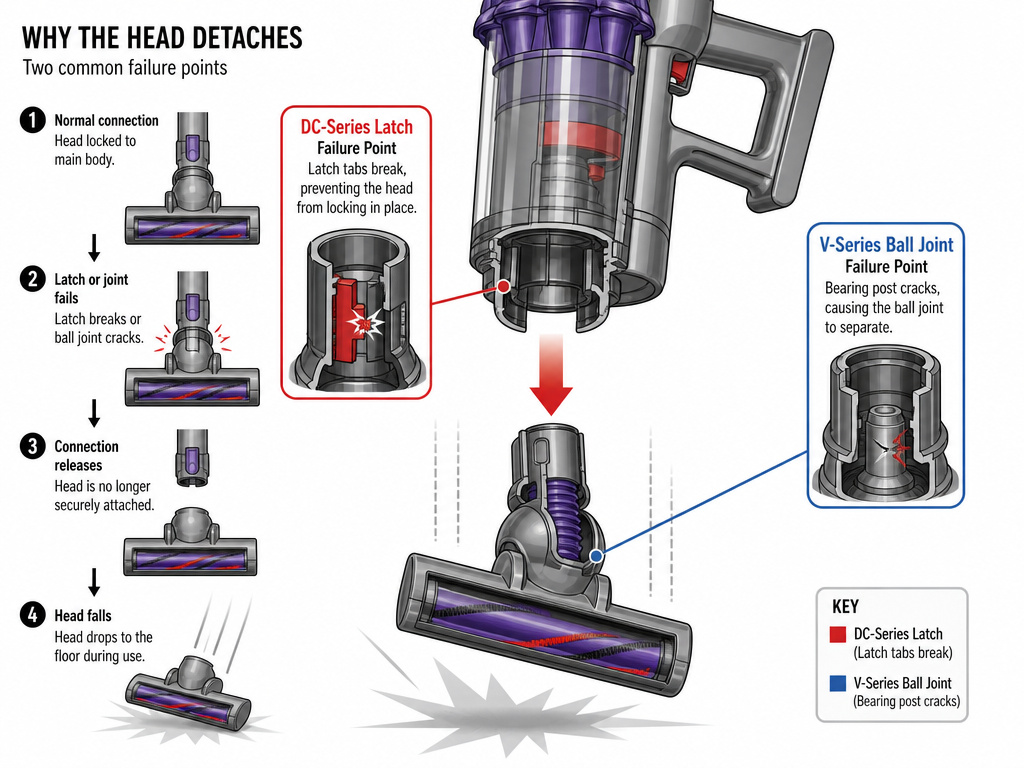 Diagram of Dyson vacuum head detachment showing common model-specific failure points