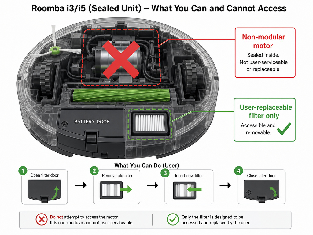 Diagram of sealed Roomba unit showing inaccessible motor for Error 26 repair.