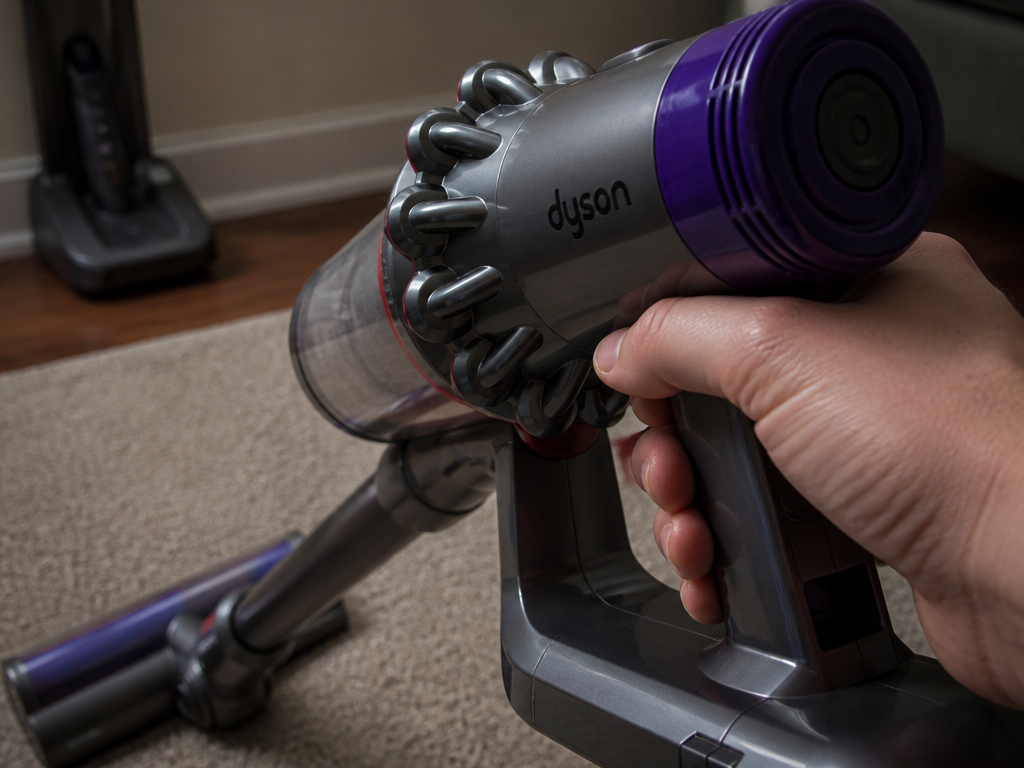 Person performing a hard reset on a stopped Dyson cordless vacuum on carpet