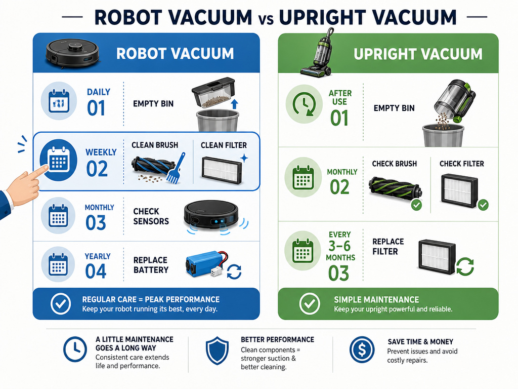 Comparison chart of weekly maintenance tasks for robot vacuums versus traditional vacuums.