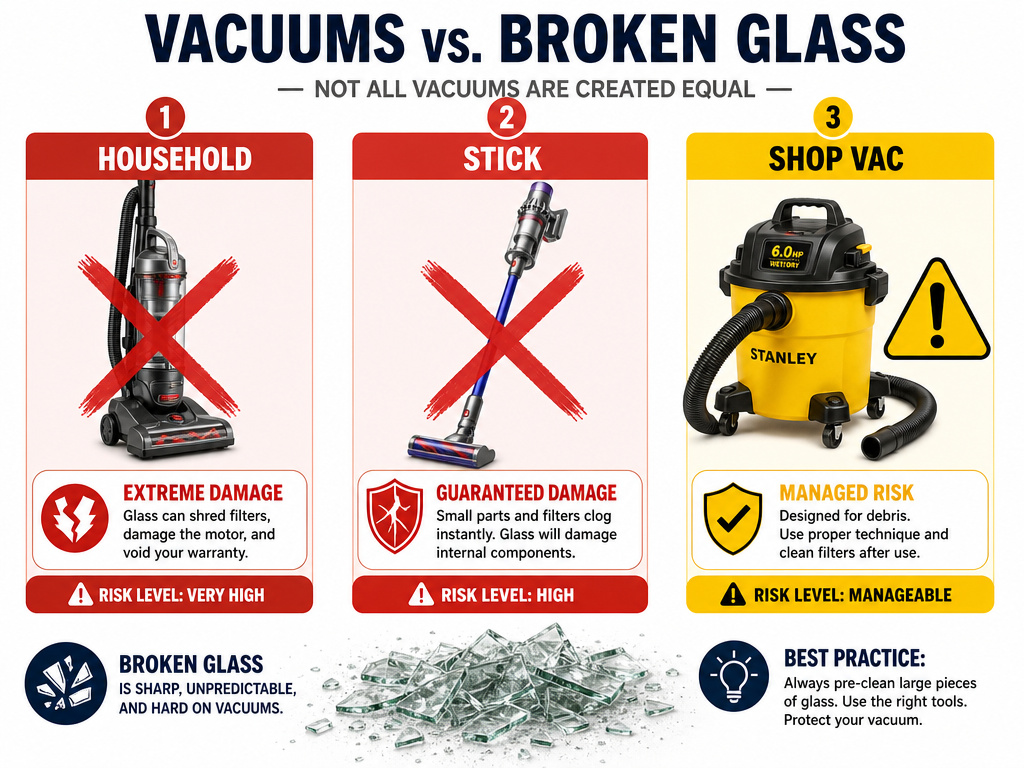 Comparing vacuum types and their risk levels for vacuuming broken glass.