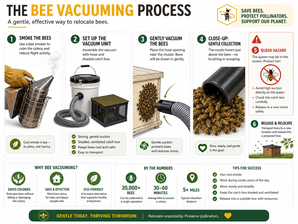 Step-by-step infographic for safely using a bee vacuum to relocate a colony.