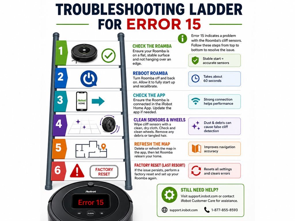 Step-by-step infographic ladder for fixing a Roomba vacuum's error 15 code.