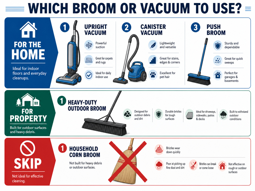 Infographic comparing essential cleaning tools: vacuum, push broom, and which broom to skip.