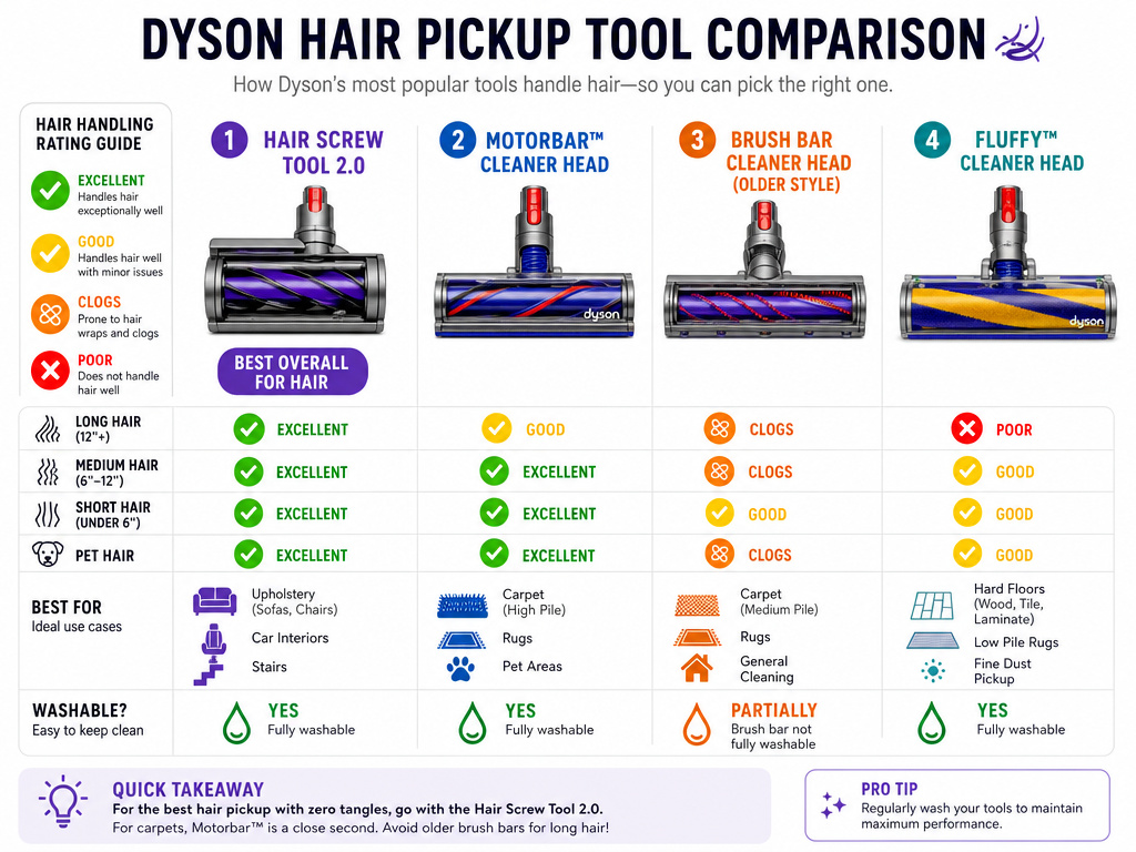 Dyson vacuum attachments compared for hair pickup performance and suitability