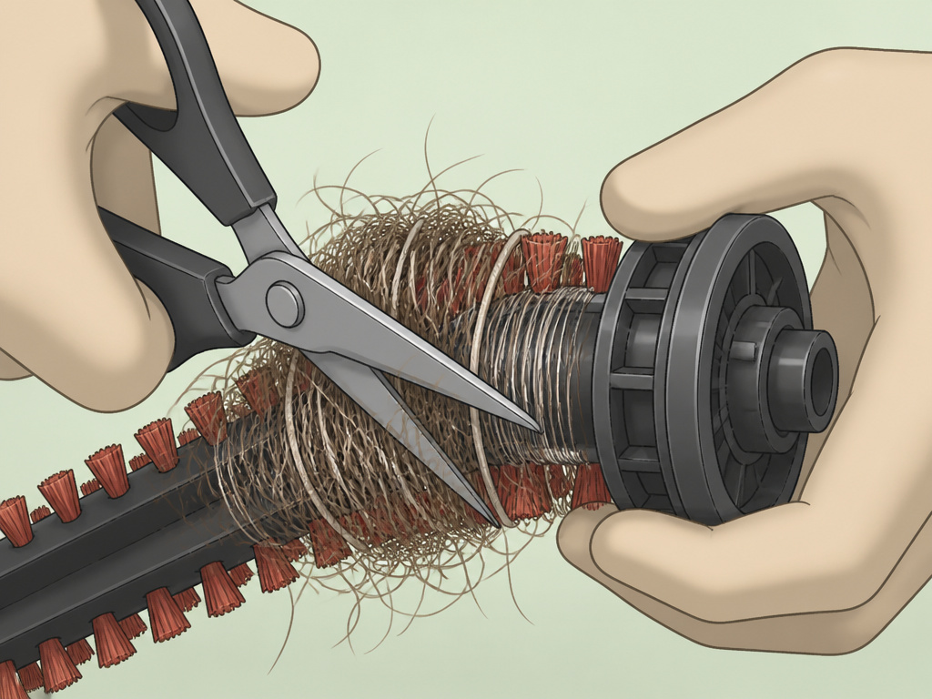 Cutting tangled hair from the end of a Hoover vacuum brush roll with scissors.