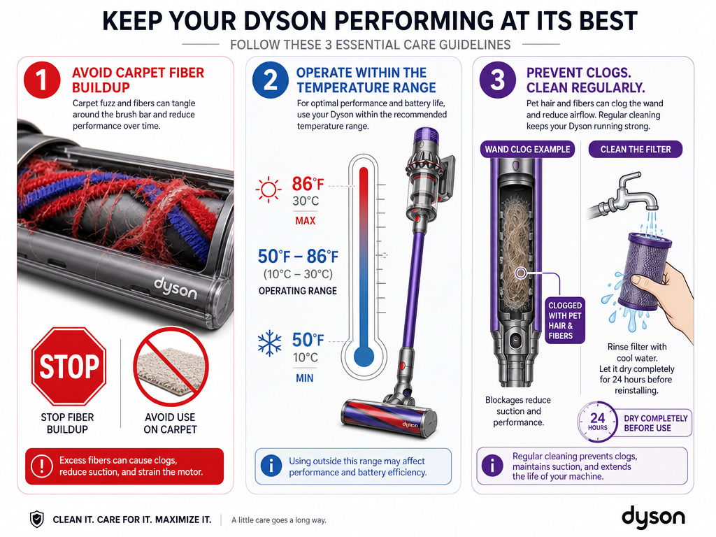 Dyson vacuum edge cases: carpet fuzzing, temperature alerts, and internal clogs.