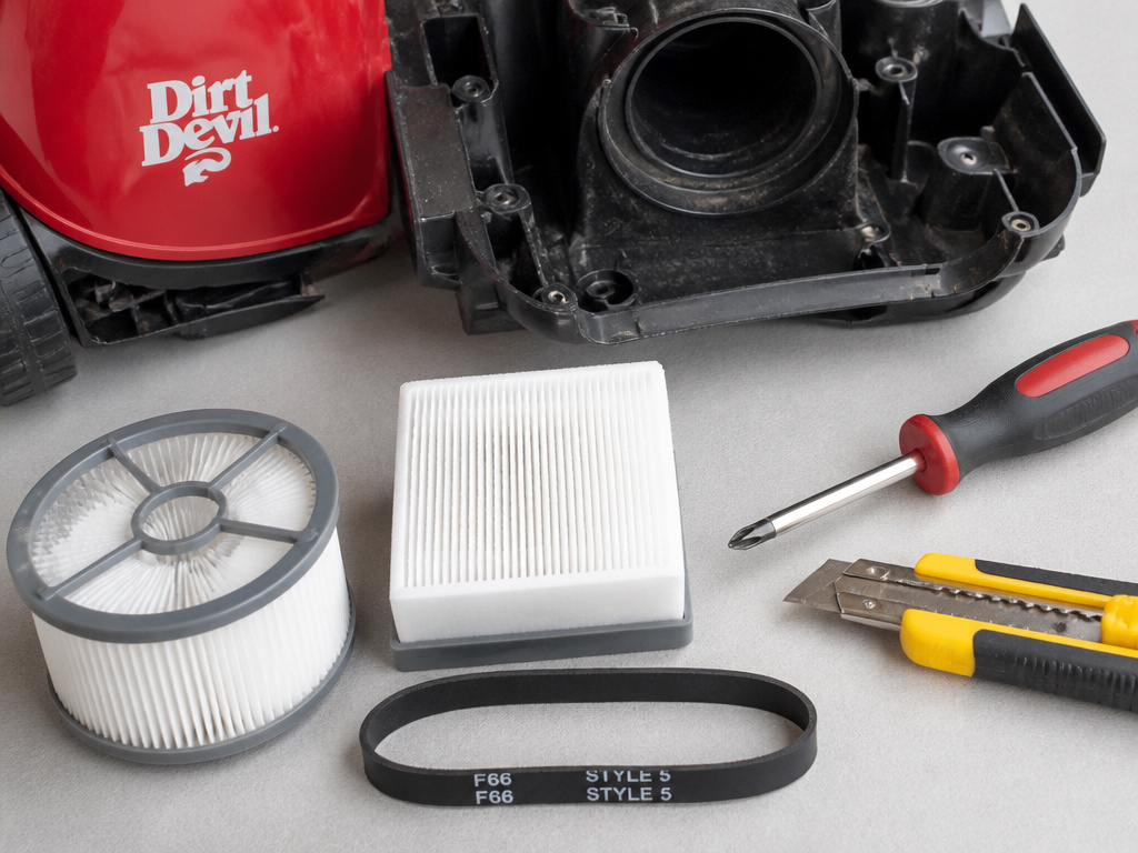 Essential tools and replacement parts for cleaning a Dirt Devil vacuum.