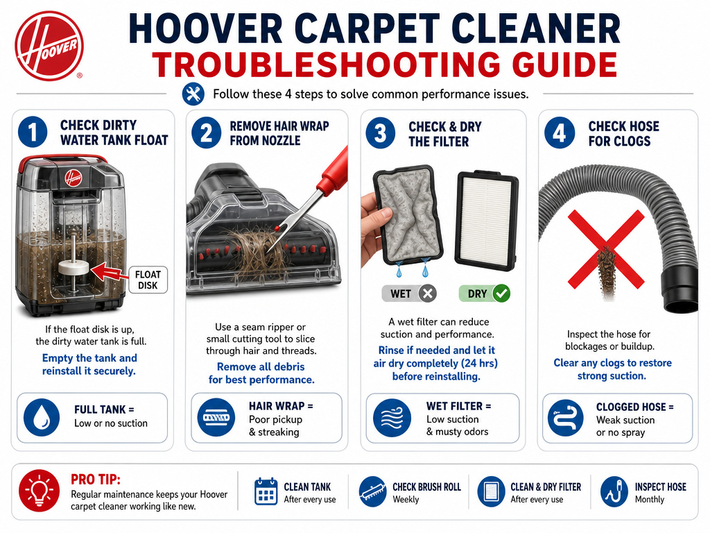 Troubleshooting a Hoover carpet cleaner with weak suction or no spray infographic.