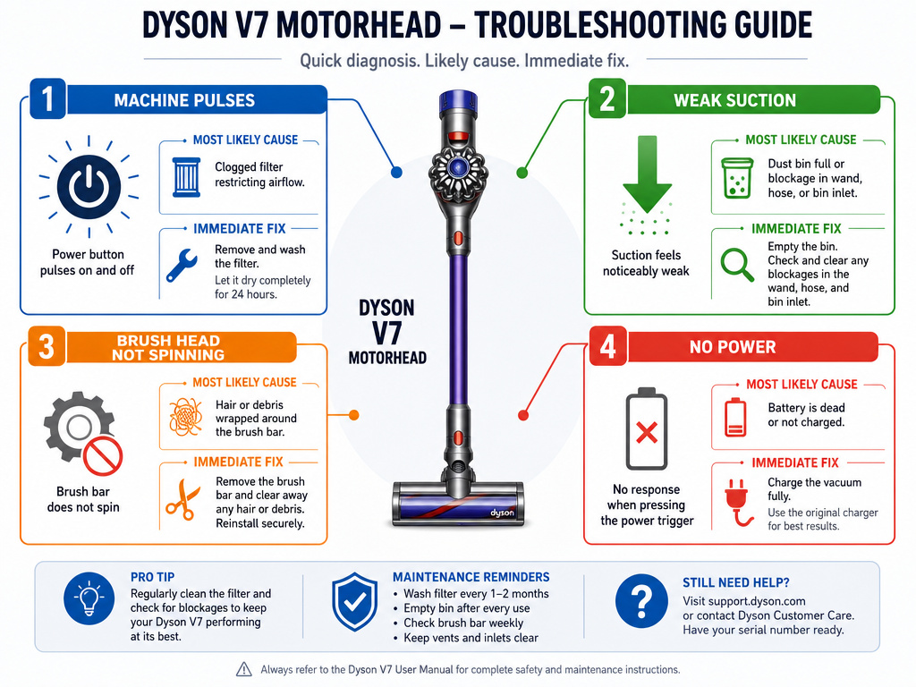 Dyson V7 troubleshooting infographic for pulsing, weak suction, and no power issues.