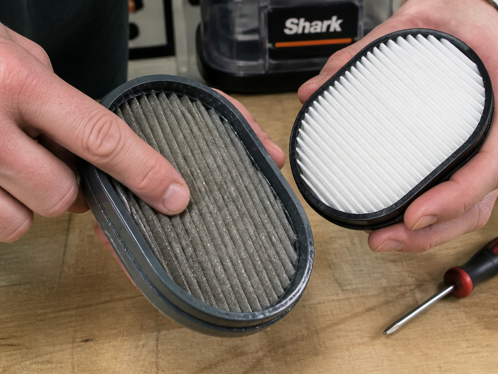 Troubleshooting a damp Shark vacuum filter causing power and suction issues.