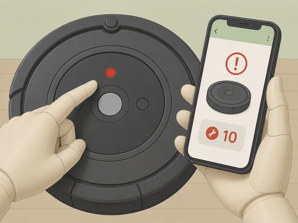 Troubleshooting a solid red error light on a Roomba vacuum cleaner.