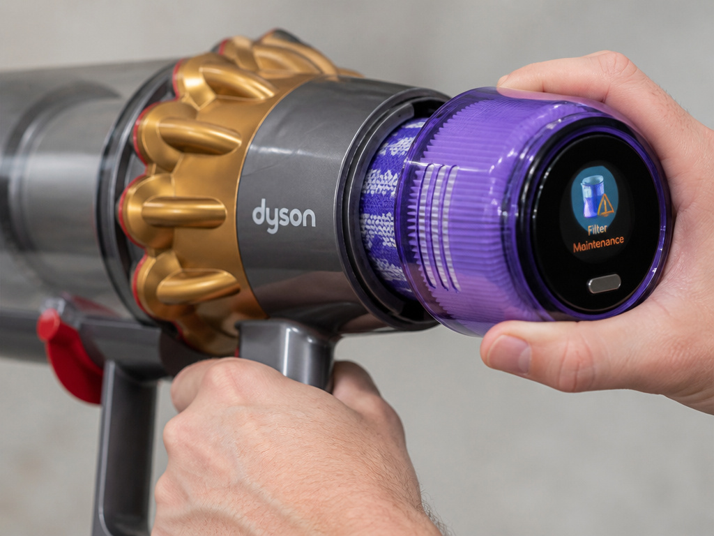 Resetting a Dyson vacuum filter alert on an LCD screen after cleaning
