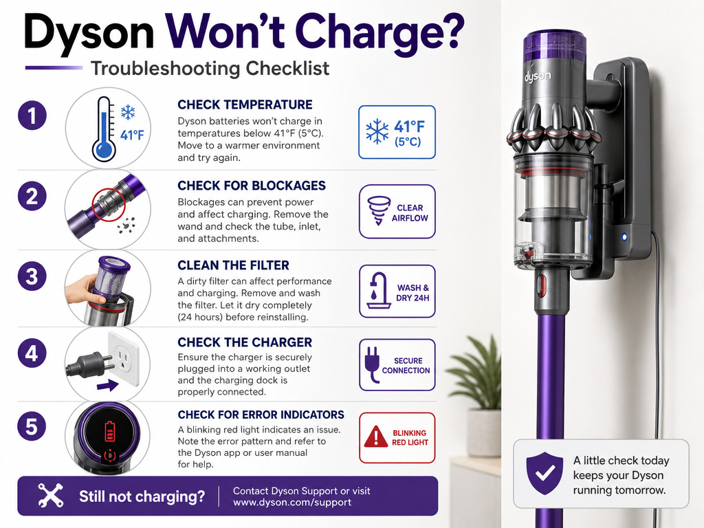 Dyson vacuum charging troubleshooting checklist infographic with five steps