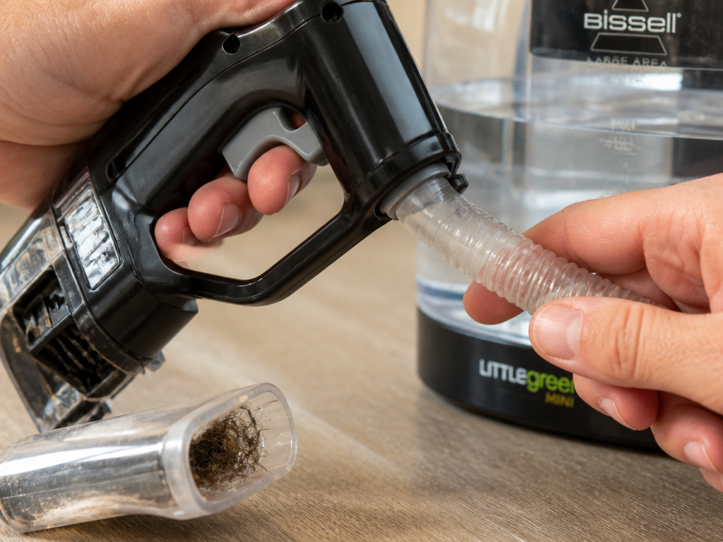 Troubleshooting a Mini Bissell carpet cleaner with no spray or suction.