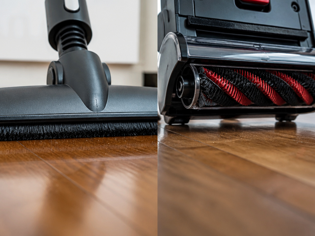 Canister and upright vacuum brush heads compared on hardwood flooring.