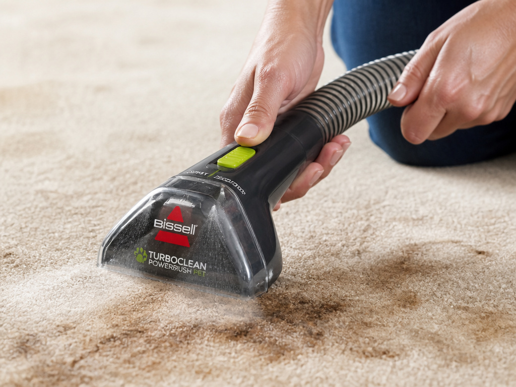 Using the Bissell Turboclean hose and spray tool on a pet carpet stain.