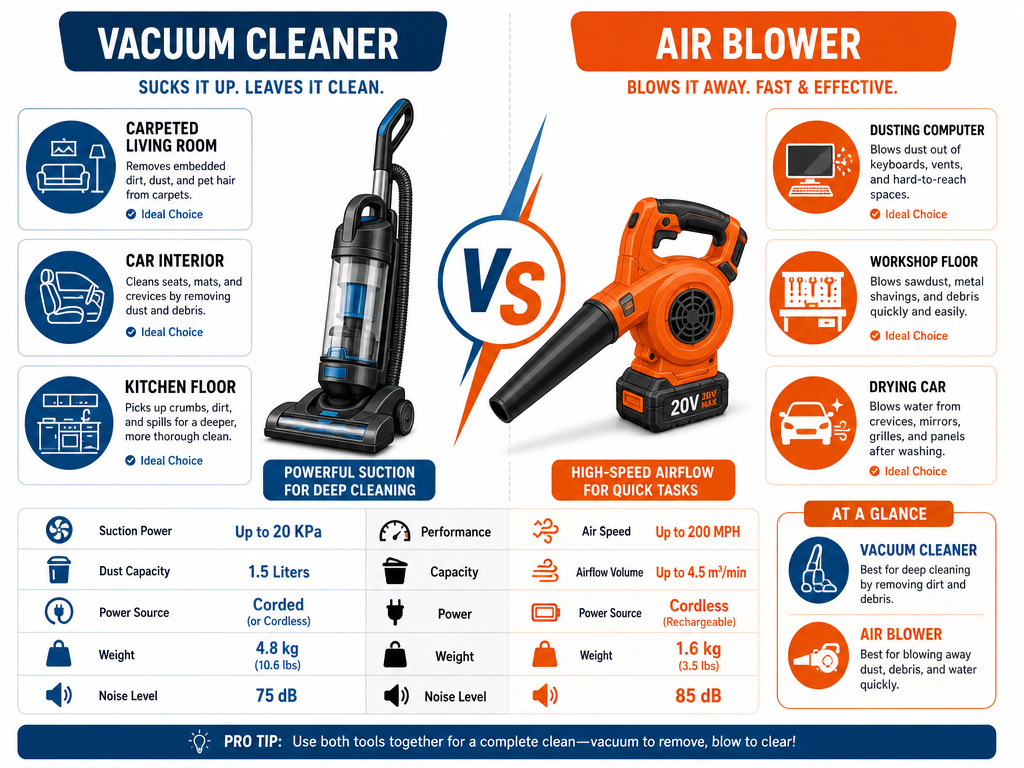 Infographic comparing vacuum cleaner and air blower uses by household task