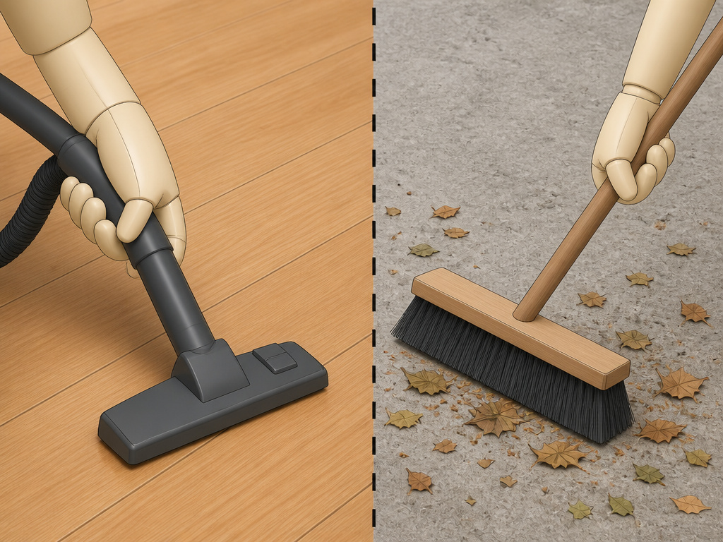 Decision matrix comparing vacuum cleaner use on hardwood versus broom on concrete.