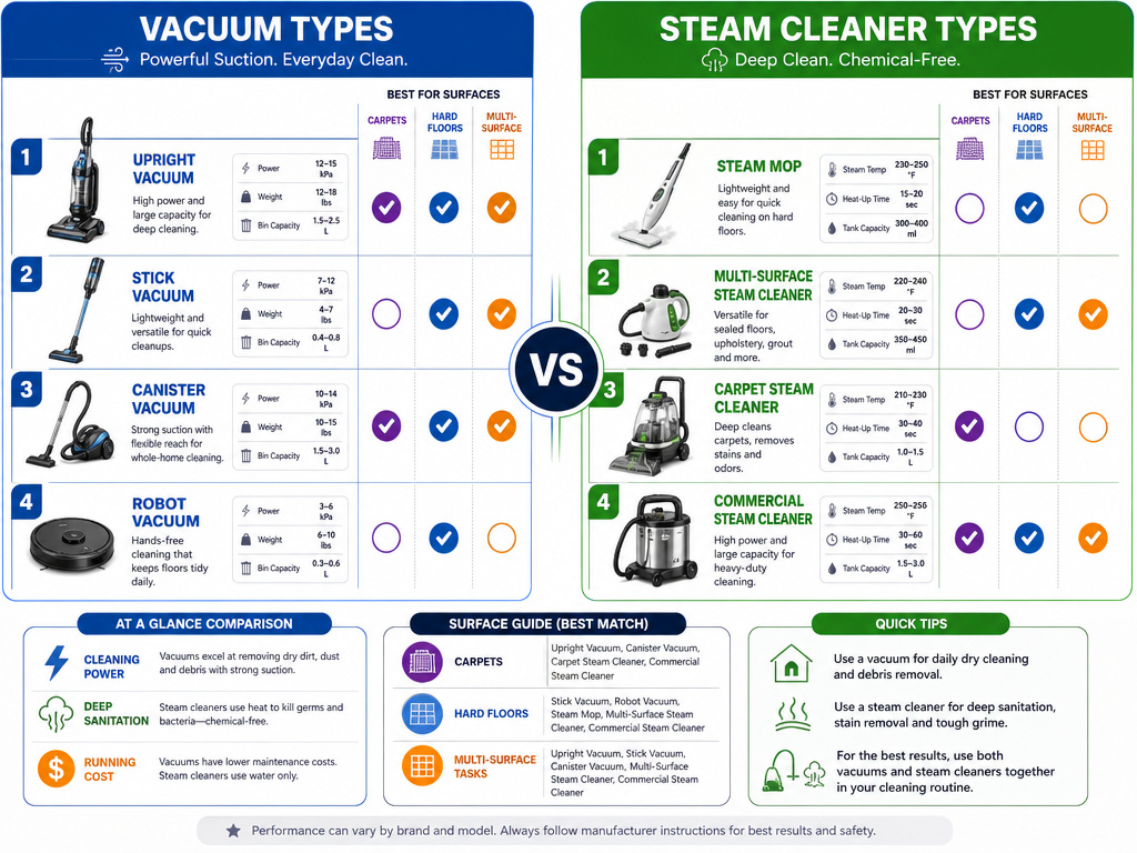 Infographic comparing vacuum cleaner types versus steam cleaner types for home cleaning