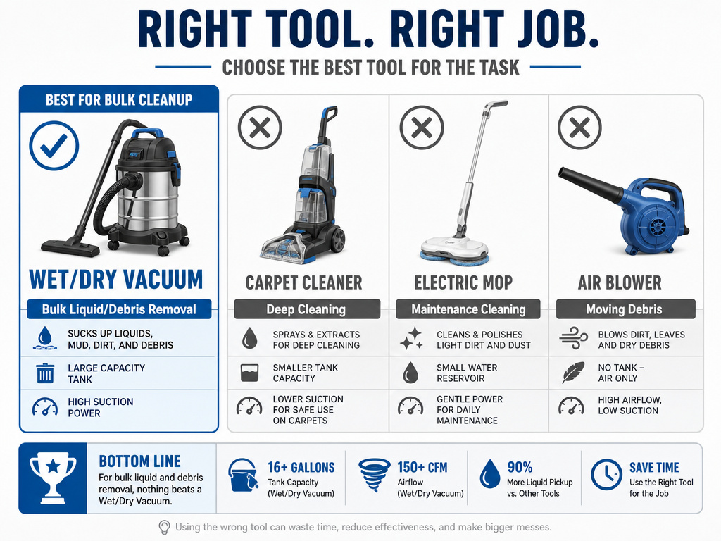 Infographic comparing wet dry vacuum uses versus carpet cleaners, extractors, and mops.