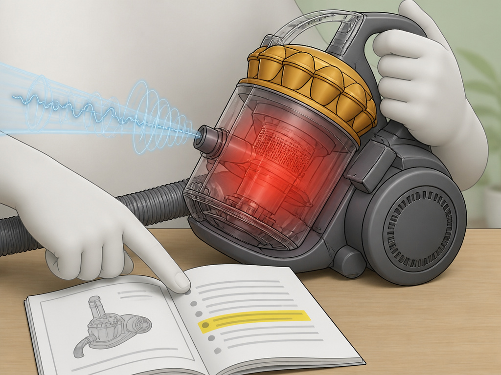 Dyson vacuum whistling due to overheating, shown next to an open manual.