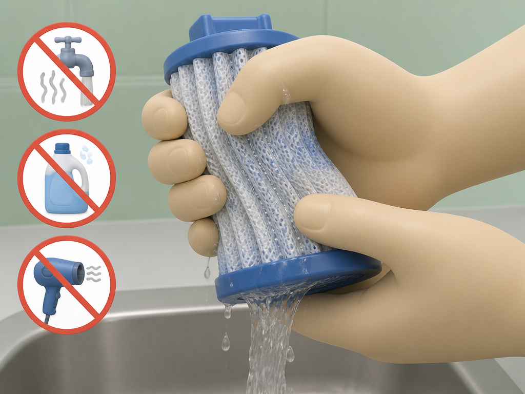 Hands washing a Hoover pet vacuum filter incorrectly with hot water and detergent