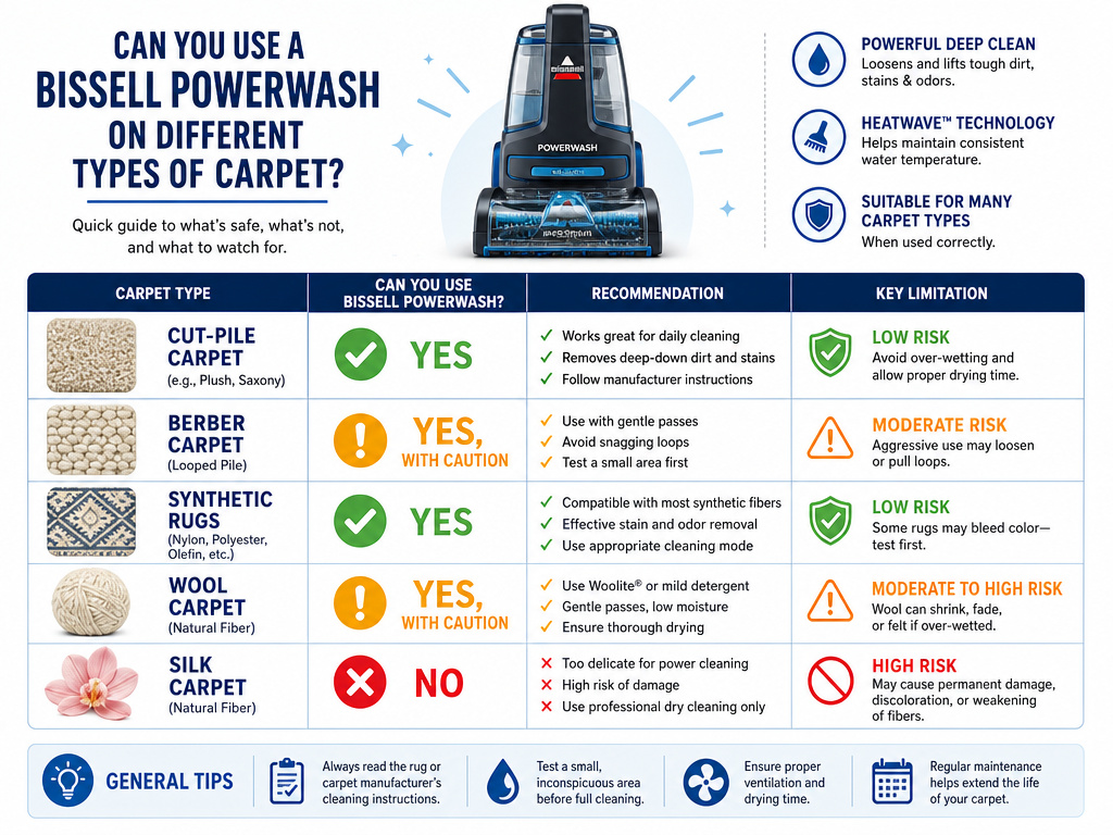 Guide showing which carpet types are safe to clean with a Bissell PowerWash.