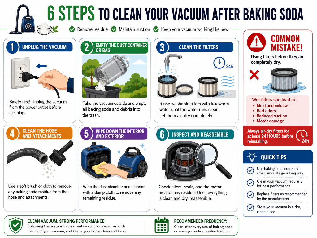 Infographic showing steps to clean a vacuum after accidentally sucking up baking soda.