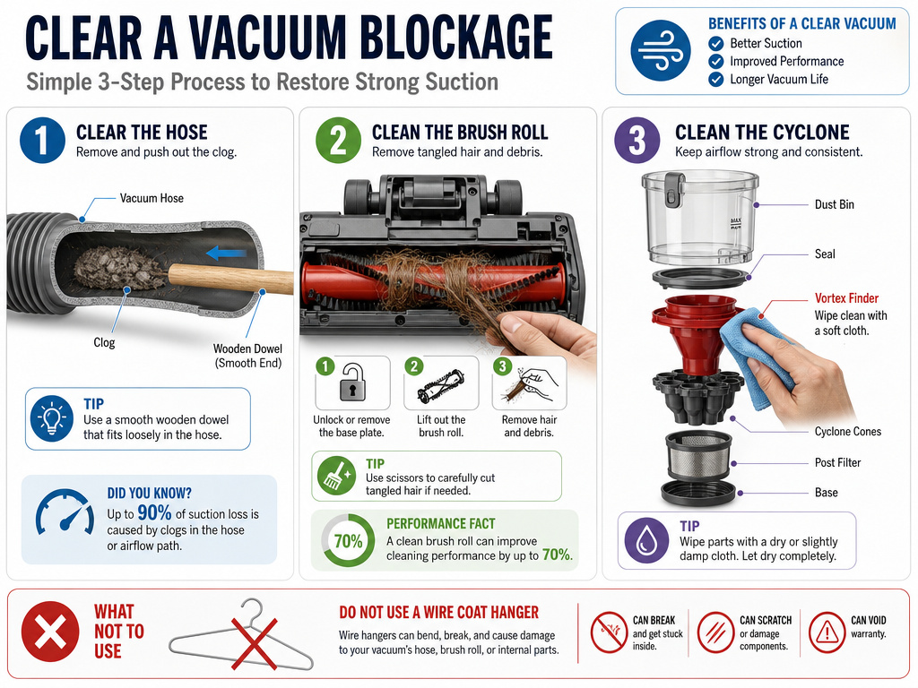 Three-step diagnostic infographic for clearing a clogged Hoover pet vacuum.