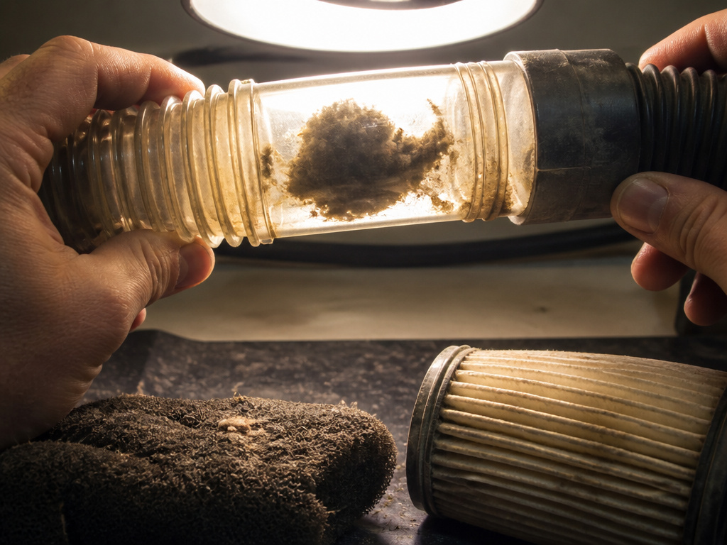 Checking a Dirt Devil vacuum hose for clogs and inspecting dirty filters after overheating.