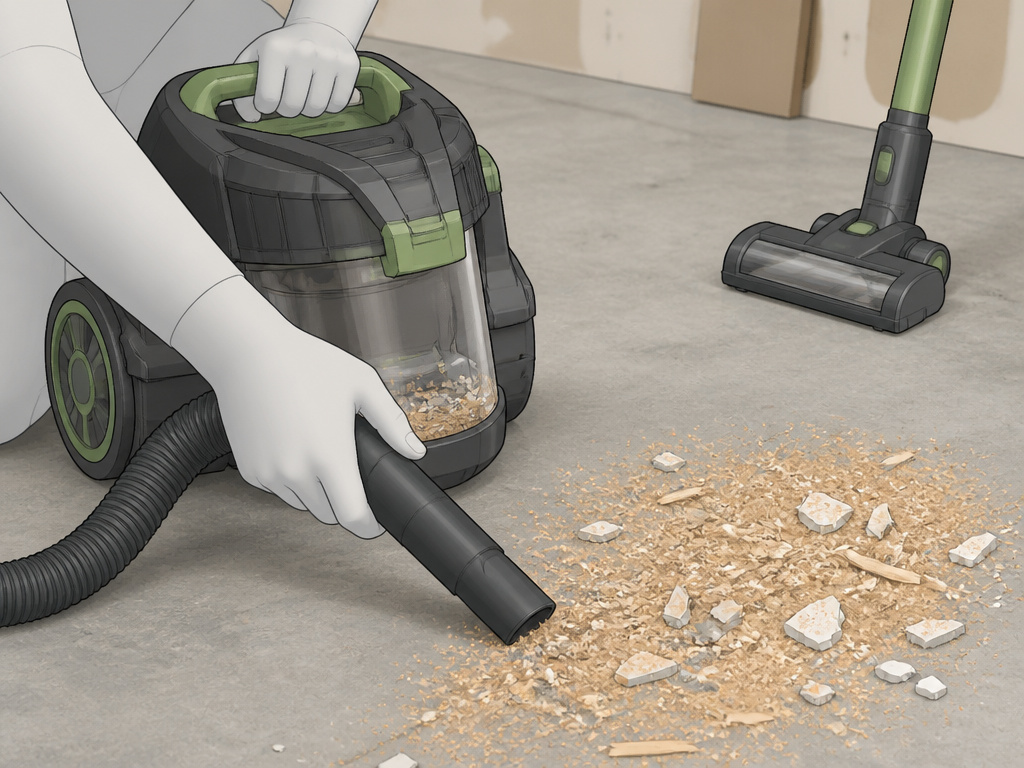 Bagless canister vacuum cleaning sawdust in a workshop or garage setting.