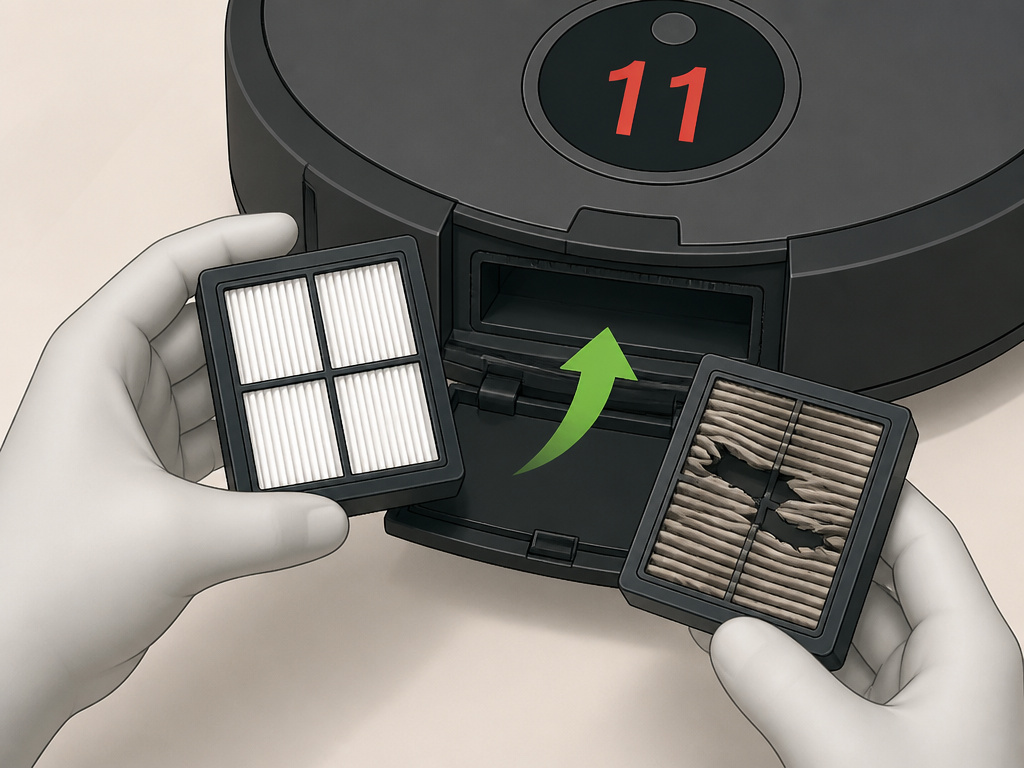 Roomba error 11 diagnosis comparing a new filter to a collapsed old one
