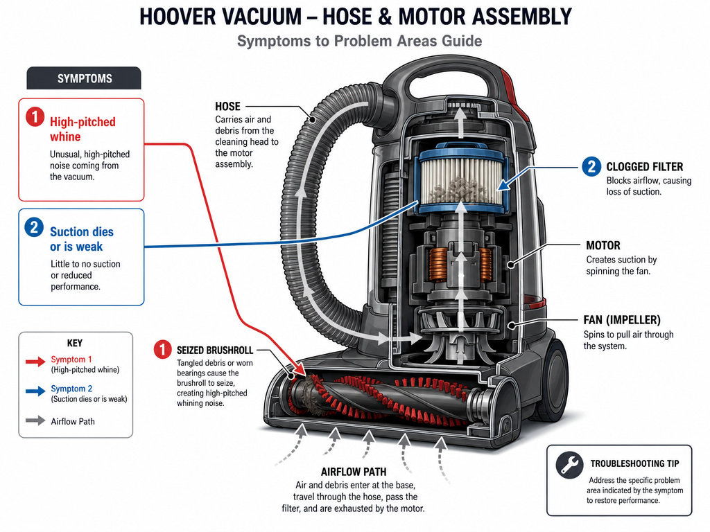 Diagram troubleshooting Hoover vacuum hose, brushroll, and filter problems.