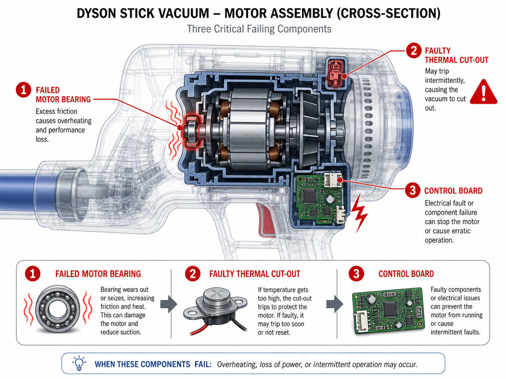 Internal Dyson vacuum components causing overheating: motor bearing, thermal cut-out, control board.