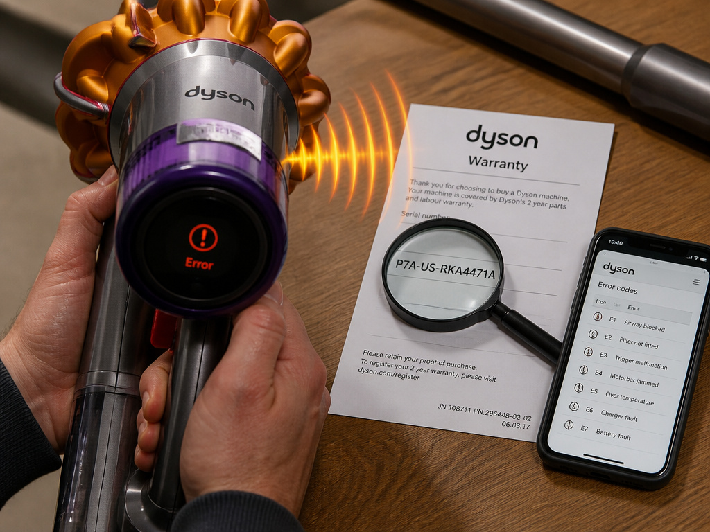 Dyson vacuum beeping next to warranty papers and error code diagnosis