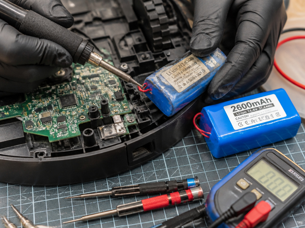Technician replacing a swollen Deebot vacuum battery on a motherboard.