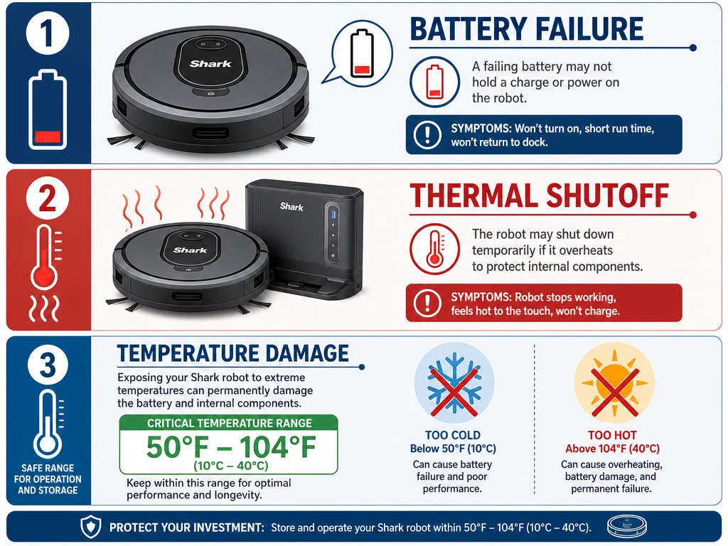 Infographic on Shark robot vacuum battery, overheating, and temperature damage issues.