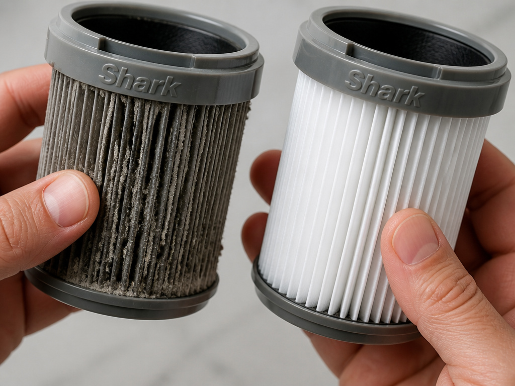 Comparing a dirty Shark vacuum filter to a clean replacement filter.