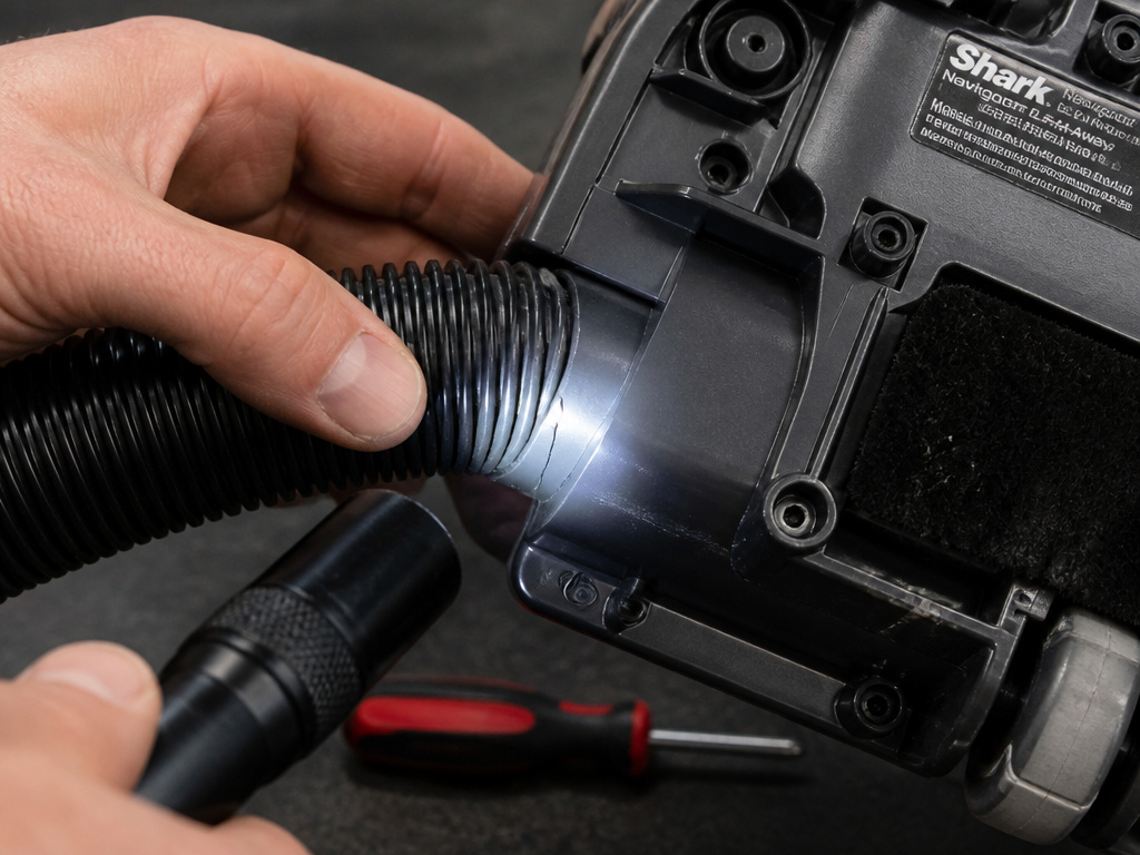 Close-up inspection of a cracked seal on a Shark vacuum cleaner housing.
