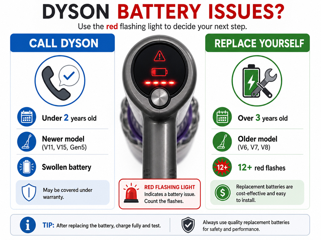 Decision flowchart for Dyson vacuum blinking red light error code troubleshooting