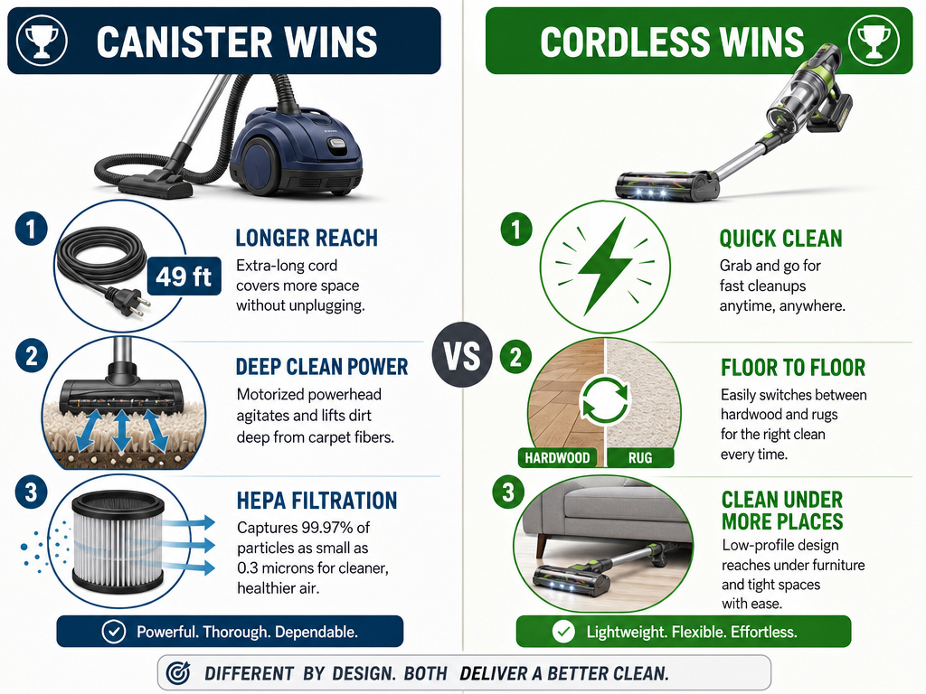 Infographic comparing canister and cordless vacuum strengths and weaknesses