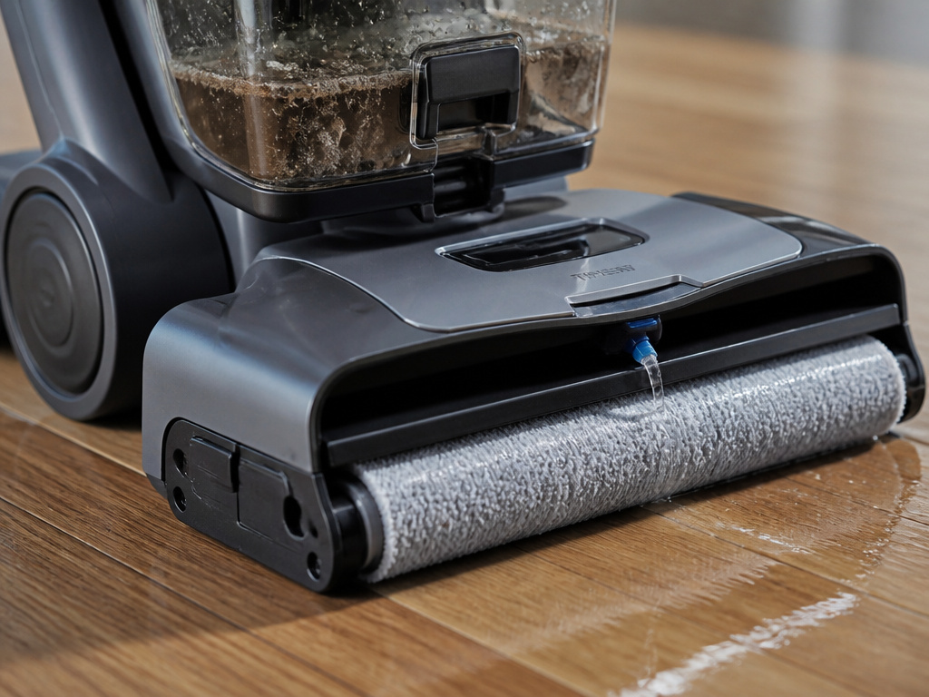 Close-up of a vacuum and mop combo machine cleaning a hard floor in one pass.