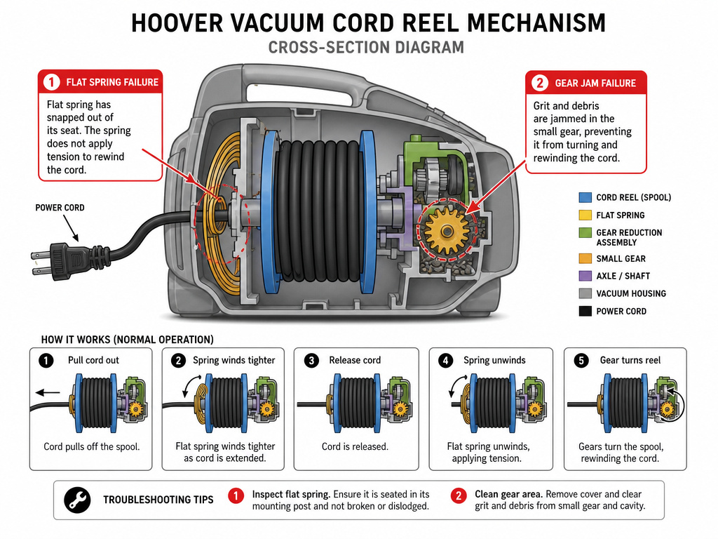 Diagram of a Hoover vacuum retractable cord mechanism showing common failure points.