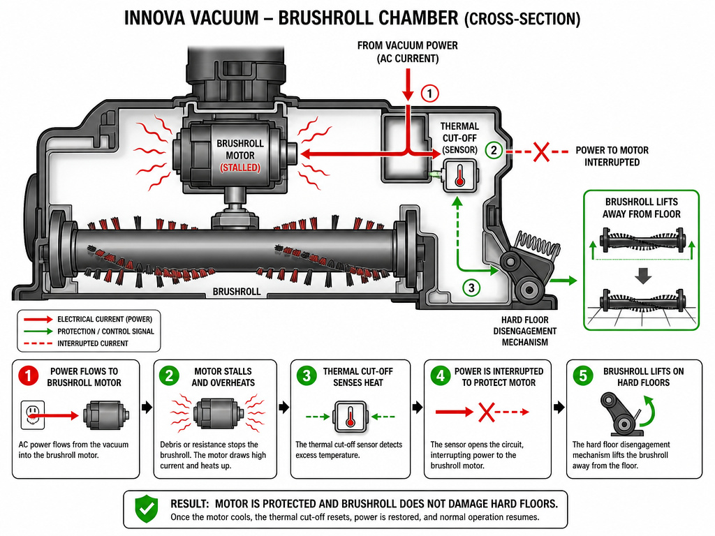 Diagram of Innova vacuum brushroll motor protection and shut-off systems